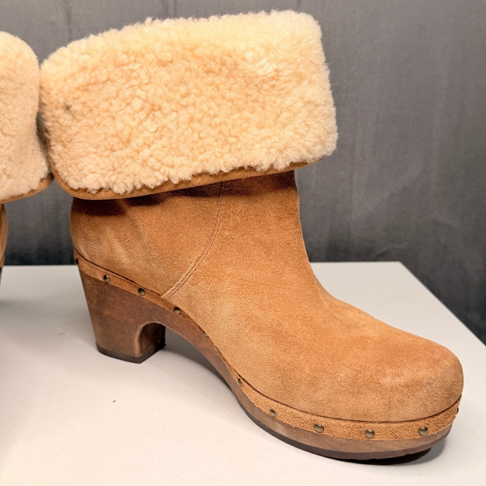 UGG Lynnea Clog Boot Women Sz 8 Chestnut Suede Shearling Fold Over Studded Wood - Picture 6 of 10